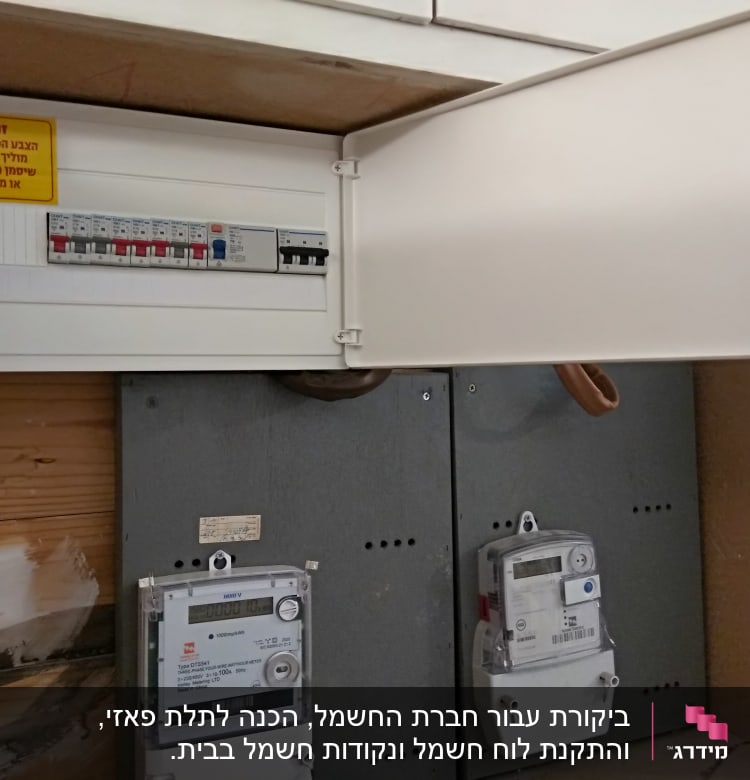 לוח חשמל פתוח עם מפסקים ומונים